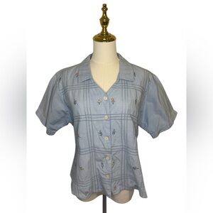 Vintage 90s Bill Blass Light Blue Grid Floral Pattern Embroidered Shirt Cotton